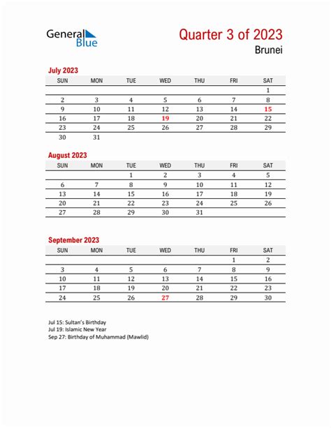 Q3 2023 Quarterly Calendar With Brunei Holidays Pdf Excel Word