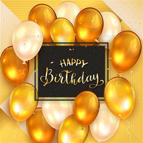 Gold Background And Golden Lettering Happy Birthday And Balloons In