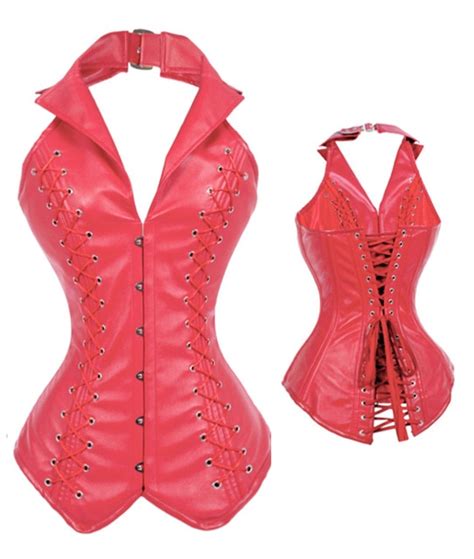 Plus Size Xl Xxl Sexy Red Halter Leather Lace Up Court Corset Bustier