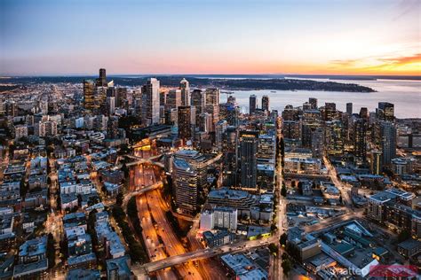 Aerial View Of Seattle Downtown Skyline At Dusk Usa Royalty Free Image