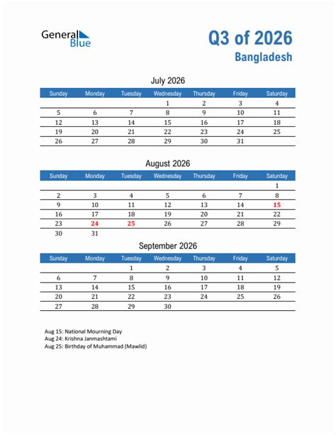 Q3 2026 Quarterly Calendar With Bangladesh Holidays