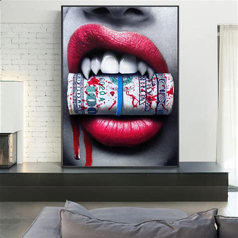 Sexy Red Lips Wall Art Canvas Prints Modern With And Money Paintings