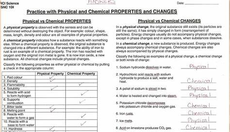 introduction to physical and chemical changes worksheets answers