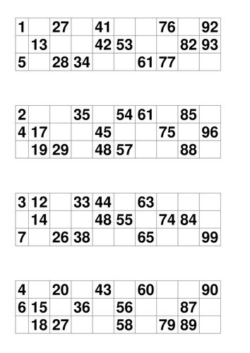 Bingo Cards Numbers 1 99 Teaching Resources