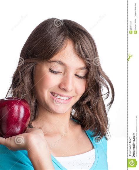 Pretty Young Girl With Apple Stock Image Image Of Apple Youth 25391567