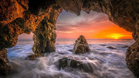 Malibu Beach Sea Cave Sunset Wallpaper Backiee