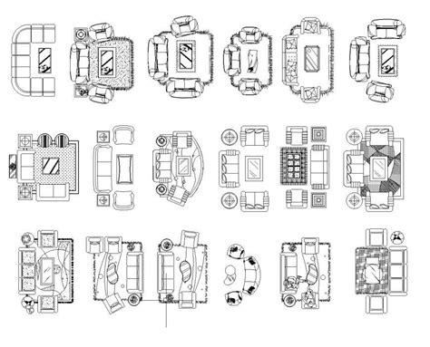 Different Drawing Room Furniture Block Layout 2d View Autocad File