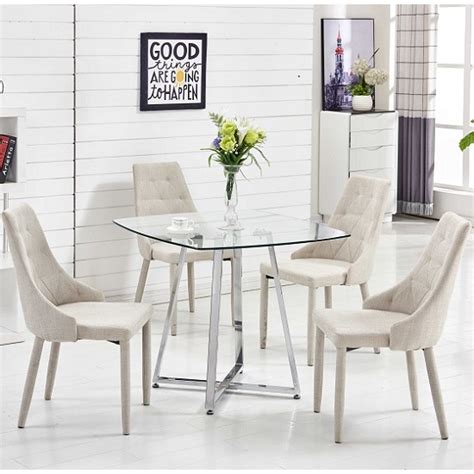 Square glass dining table for 4. Melito Glass Dining Table Square 4 Wilkinson Beige Chairs