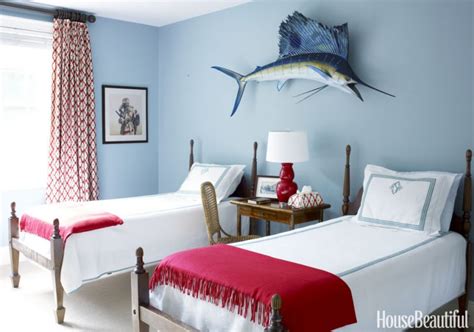 Pink, coral, and pale green striped seersucker shams. Red and Light Blue Bedrooms - Making it Lovely