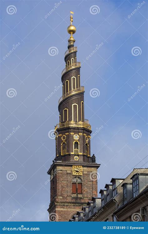 Famous Spiral Spire Of Vor Frelsers Kirke At Copenhagen Denmark Stock