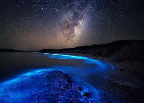 The Milky Way Over Bioluminescent Phytoplankton In