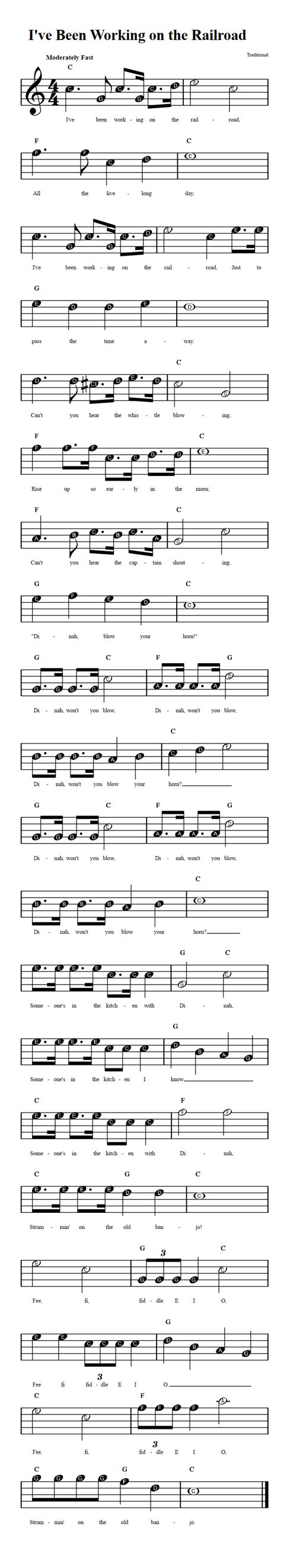 I Ve Been Working On The Railroad Beginner Sheet Music With Chords And Lyrics