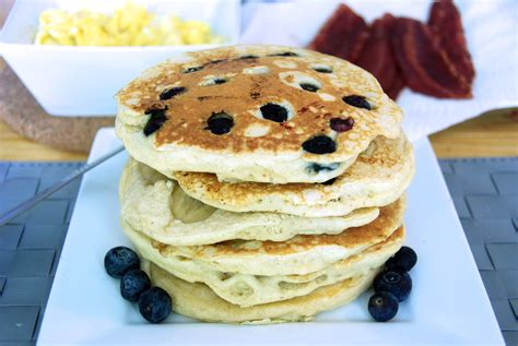 Banana And Blueberry Pancakes Two Red Bowls