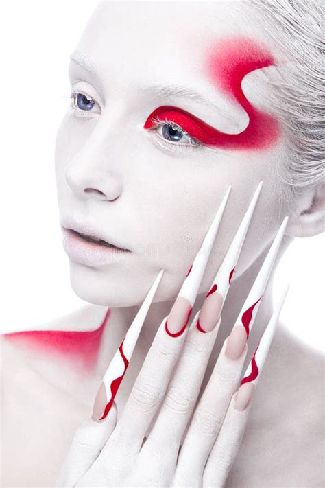 Art Fashion Girl With White Skin And Red Paint On Stock Image Image