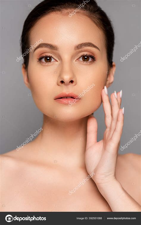 Beautiful Naked Woman Perfect Skin Touching Face Isolated Grey Stock Photo By Igorvetushko