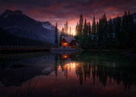 Brown Wooden House In The Middle Of Lake Near Body Of Mountain Hd