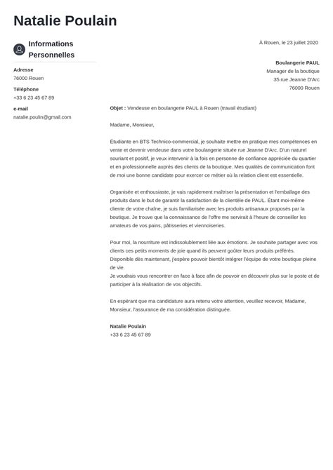 Exemple de lettre de motivation pour vendeuse en boulangerie