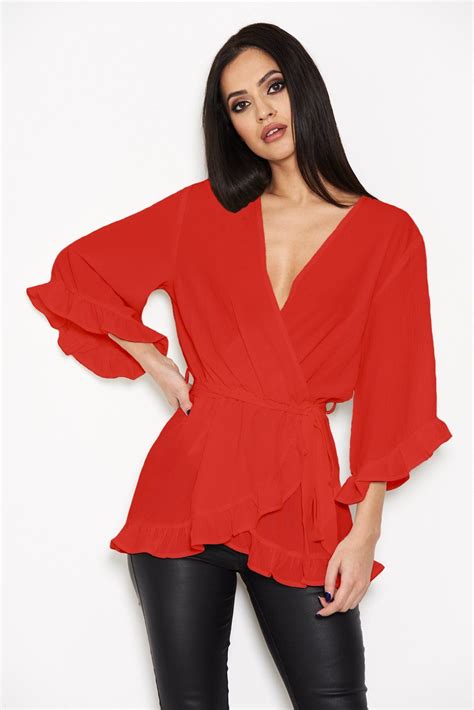 Red Wrap Frill Top Frill Tops Tops Clothes For Women