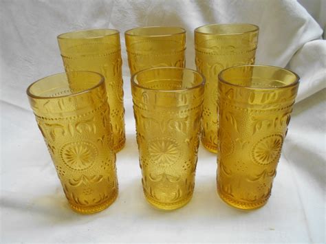 6 Vintage Amber Glass Depression Glass Tumblers Drink Glasses 2 Sz Embossed Antique Price