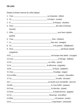 Er Verbs In French Verbes Er Present Tense Worksheet Teaching Resources