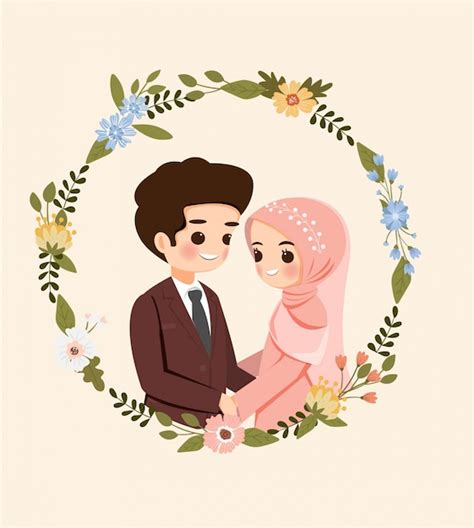 Save The Datecute Muslim Couple Cartoon With Flower Wreath For Wedding