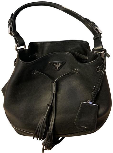 Prada Bucket Soft Fringe Purse Handbag Black Leather Cross Body Bag