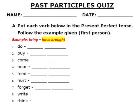 Past Participles Present Perfect Tense Test Teaching Resources