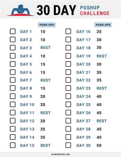 30 Day Pushup Challenge Printable Chart Fitness Challenge Tracker