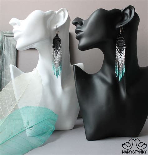 Turquoise Beaded Earrings Seed Bead Earrings Long Earrings Etsy