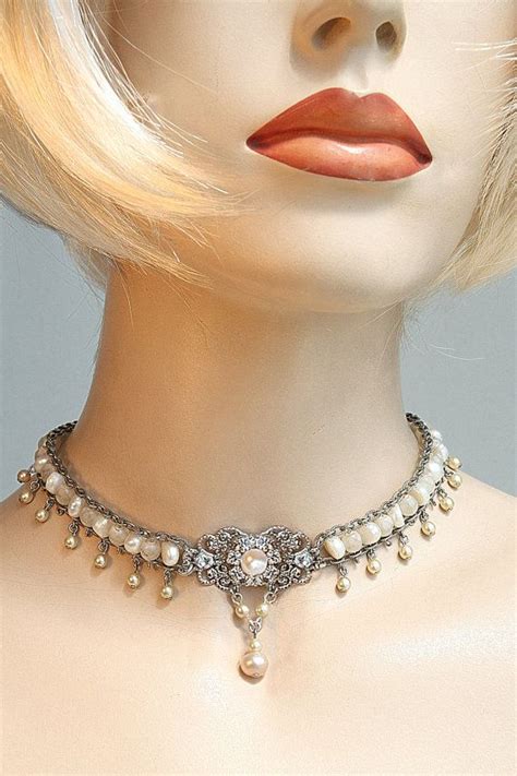 Bridal Pearls Choker 1920s Style Wedding Jewelry Silver Chain Etsy