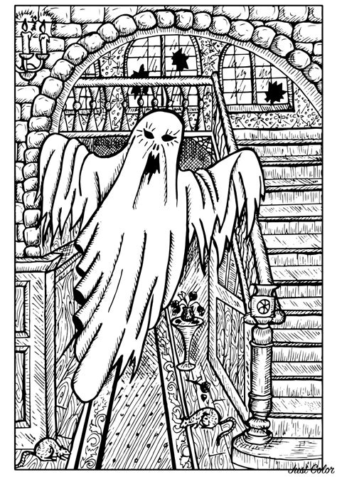 Ghost In A Haunted House Halloween Adult Coloring Pages