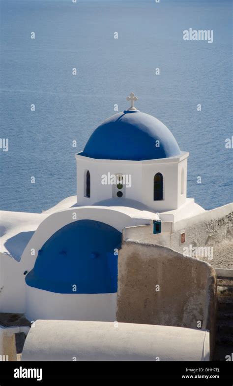 Greece Santorini Oia Cyclades Blue Church Dome And Steep Mountains