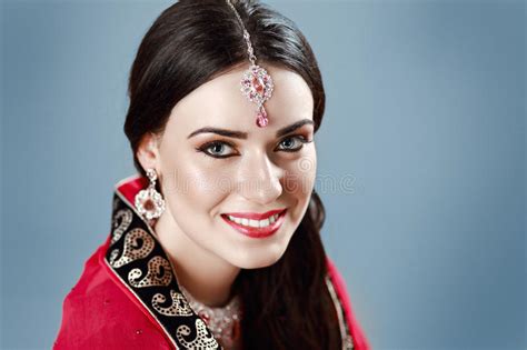 Smiling Beautiful Indian Girl In Traditional Indian Half Sari Stock
