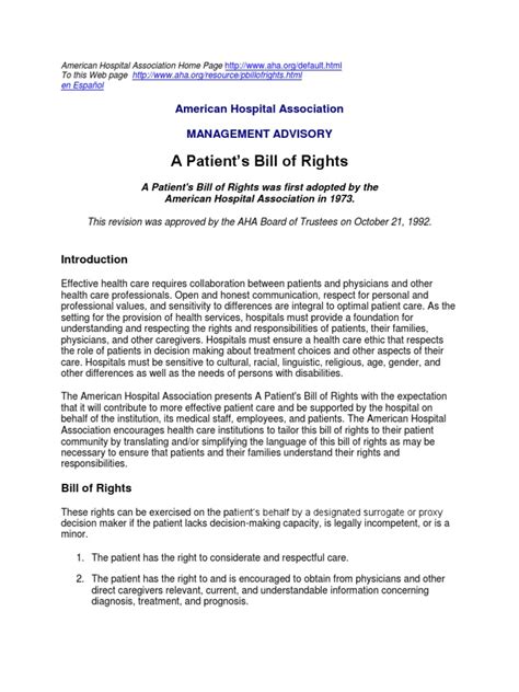 A Patients Bill Of Rights American Hospital Association Management