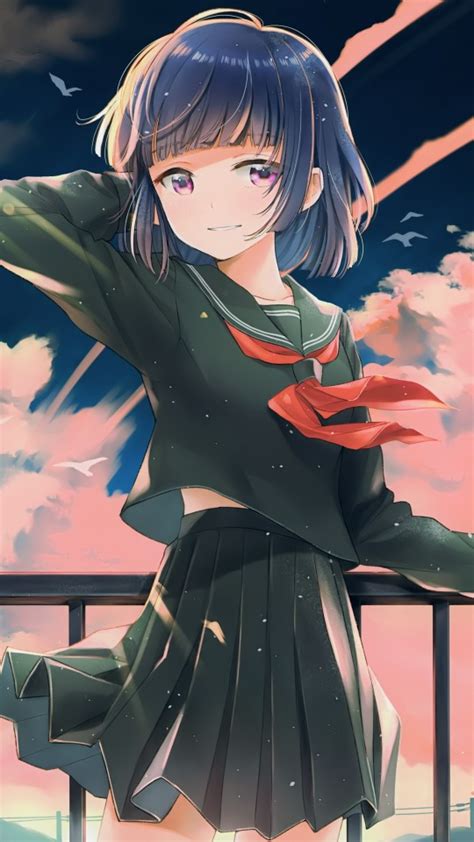 Download 540x960 Anime Girl School Uniform Smiling Scenic Short