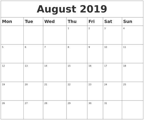 August 2019 Blank Calendar