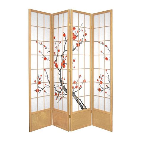 Oriental Furniture Cherry Blossom 4 Panel Natural Paper Folding Indoor
