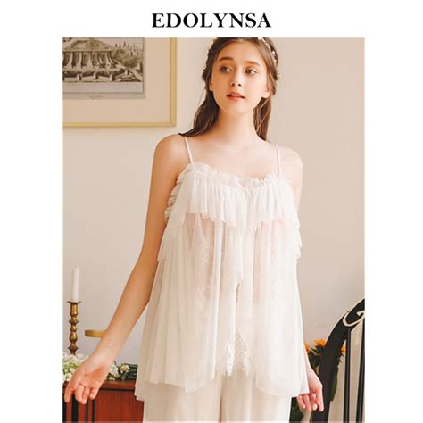 Buy 2019 Elegant Ruffled Pajama Set White Lace Sleepwear Women Pyjamas Femme