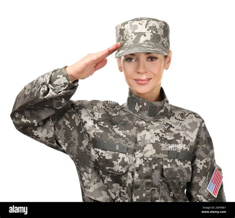 Female Soldier Saluting On White Background Stock Photo Alamy