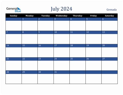 July 2024 Monthly Calendar With Grenada Holidays