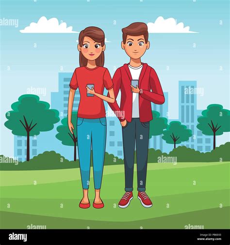 Teens Couple With Smartphones At Park Cartoons Vector Illustration