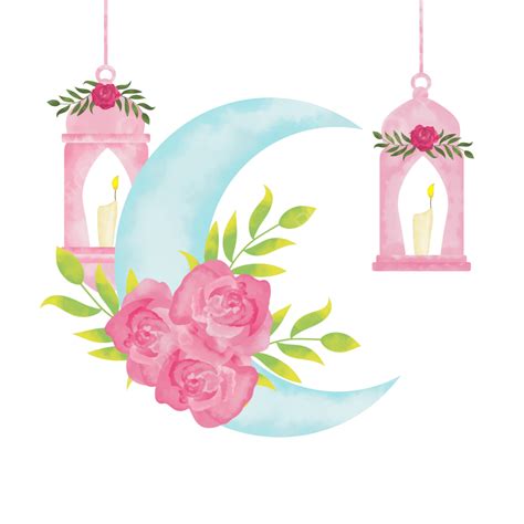 Ramadan Lantern Png Image Blue Watercolor Ramadan Moon With Red Pink