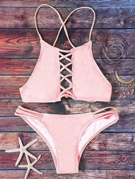 1999 Pink Hollow Out Halter Bikini Set Pink L Swimsuits Bikinis