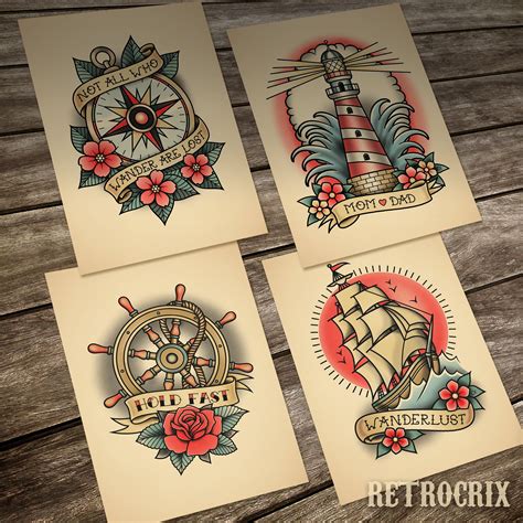 Old School Nautical Tattoo A Set Of 4 Prints 13 X18 Cm Etsy