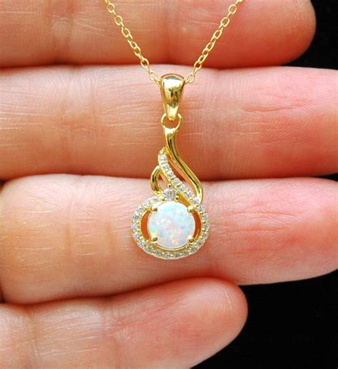 Gold Cz White Opal Necklace October Birthstone Necklace Sterling