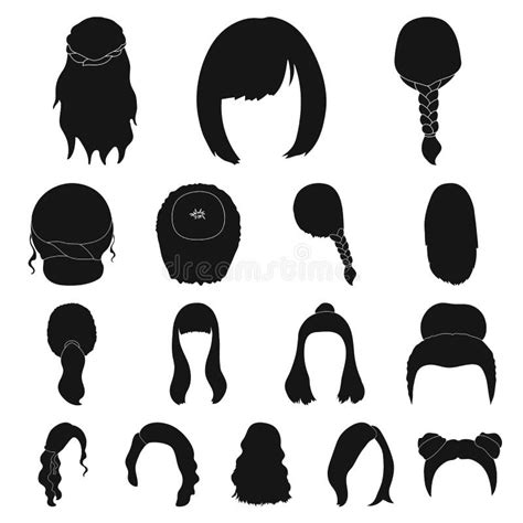 Female Hairstyle Black Icons In Set Collection For Design Stylish
