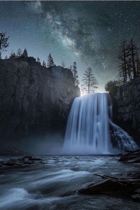 Waterfall Night Stars View Nature Landscape Photography Beauty