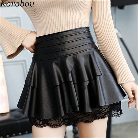 Korean High Waist Mini Lace Patchwork Black Skirts A Line Pleated Pu