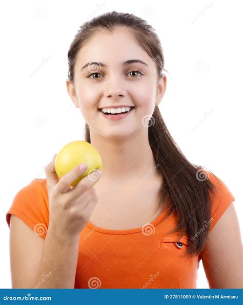 Young Teenage Girl Holding Apple Stock Image Image Of Young Happy