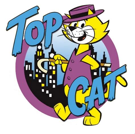 The Top Cat Logo Is Shown In Purple And Yellow With An Image Of A Cat On It